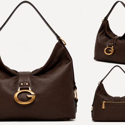 Dark brown leather GUESS hobo bag with gold G emblem and zippered back pocket