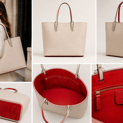 Beige leather tote bag with red interior and embossed red base