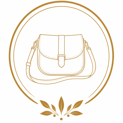 Line art of a small crossbody bag with buckle and adjustable strap in a circular frame with leaves