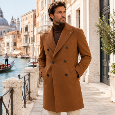 Man wearing a brown double-breasted coat by a canal in Venice