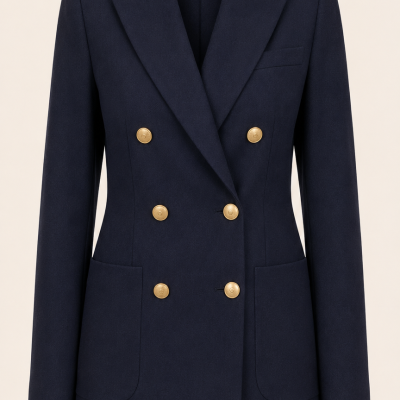 Blazer azul escuro com botões dourados e gola lapela