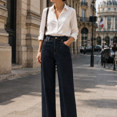 Woman wearing white shirt, dark wide-leg jeans, sunglasses, and black shoes on city sidewalk