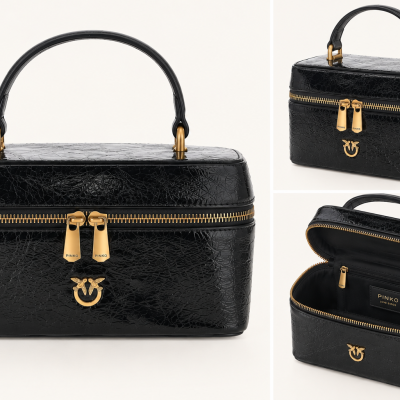 Black textured leather handbag with gold zippers and logo, shown closed and open with internal pocket