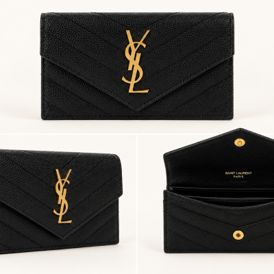 Black textured leather YSL envelope wallet with gold logo and snap button