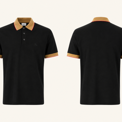 Black polo shirt with mustard collar and sleeve trim with red and white stripes