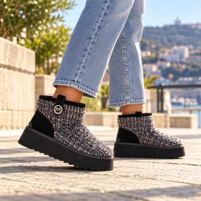Botins de tecido tweed preto e cinza com sola preta grosa e detalhe metálico andando ao ar livre.