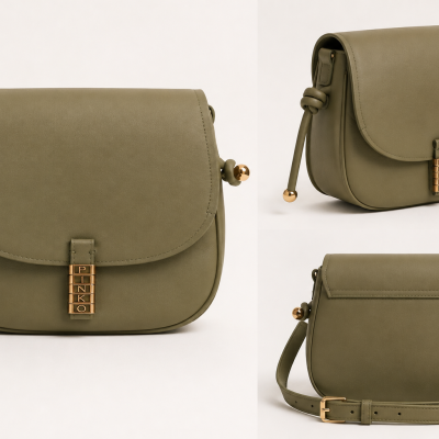 Olive green leather shoulder bag with gold clasp and adjustable strap displayed from multiple angles