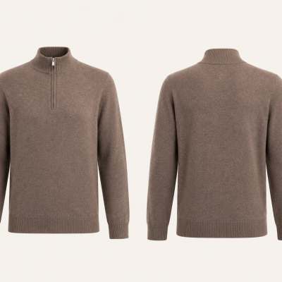 Mens brown zip-up sweater front and back views.