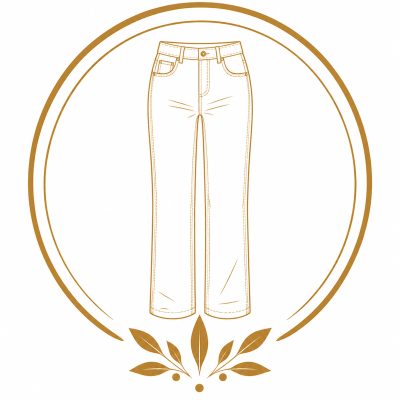 Line drawing of pants outlined in brown inside a circular frame with leaves