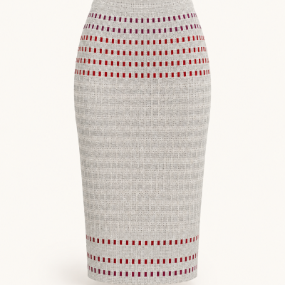 Grey pencil skirt with red and purple cutout patterns near waistband and hem