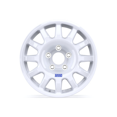 White alloy car wheel rim with blue BRAID text