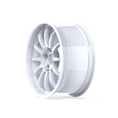 White multi-spoke automobile wheel rim with blue and white sticker