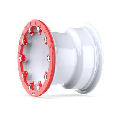 White wheel rim with red BEADLOCK ring and bolts