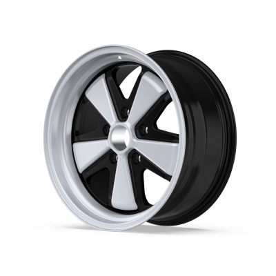 Black and silver 5-spoke alloy wheel rim on white background