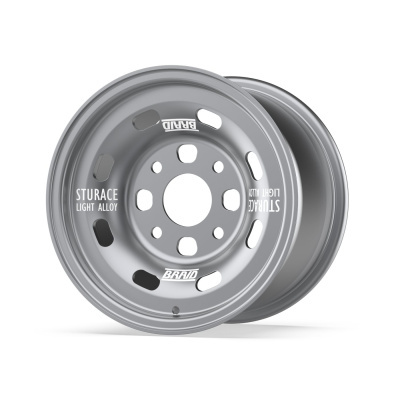 Silver light alloy car wheel rim with ventilation and bolt holes and white printed text.