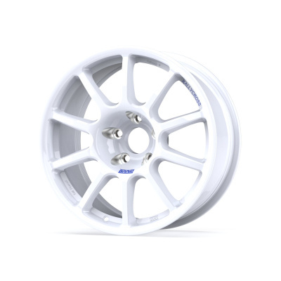 White multi-spoke alloy car wheel rim with blue text RALLYCROSS and BRAID