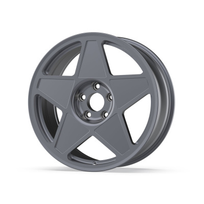 Gray metal five-spoke car wheel rim on white background