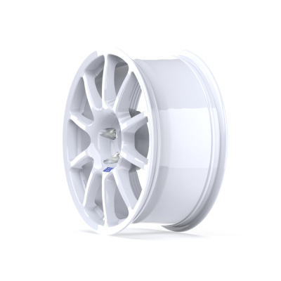 Glossy white car alloy wheel rim with multi-spoke design and blue sticker