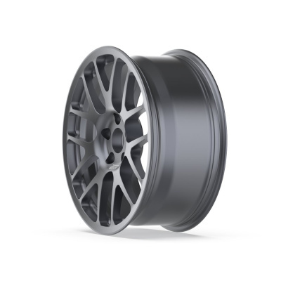 Metallic gray multi-spoke car wheel rim on white background