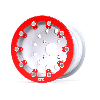 White metal wheel rim with red ring and BEADLOCK text