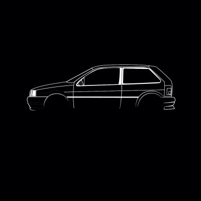 Line art of a two-door hatchback car in black and white.