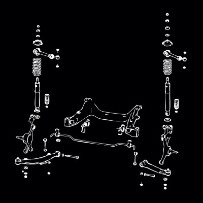 Car suspension system components exploded view in black and white line drawing