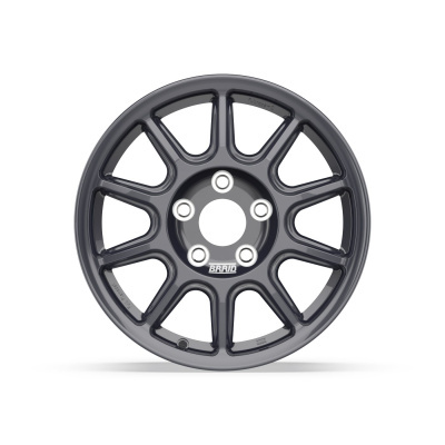 Grey metallic car wheel rim with ten spokes and brand name BRAID on white background