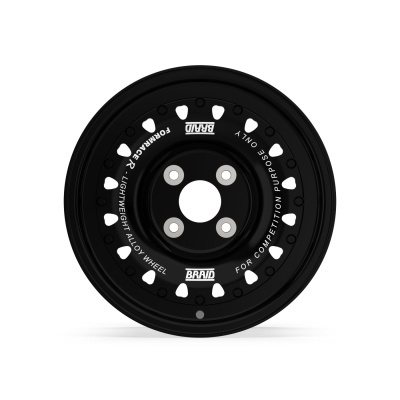 Black lightweight alloy wheel with competition text and heart-shaped cutouts