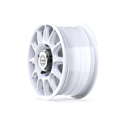 White multi-spoke alloy car wheel rim with center cap labeled BRAND