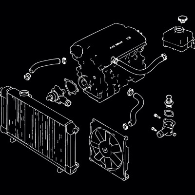 Line drawing of Alfa Romeo V6 engine parts including radiator, fan, hoses and coolant reservoir