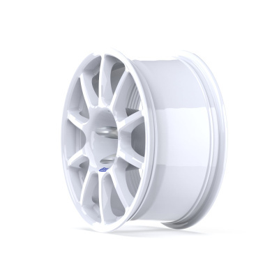 White alloy car wheel rim with multiple spokes and glossy finish