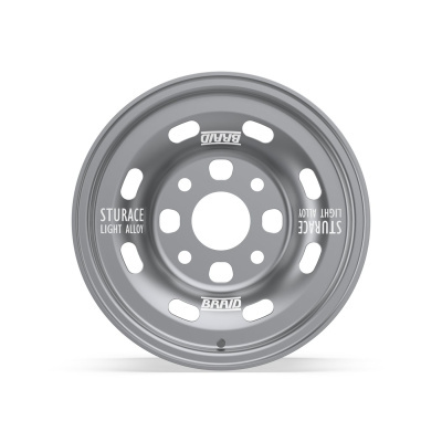 Gray car wheel rim with text STURACE LIGHT ALLOY and BRAID