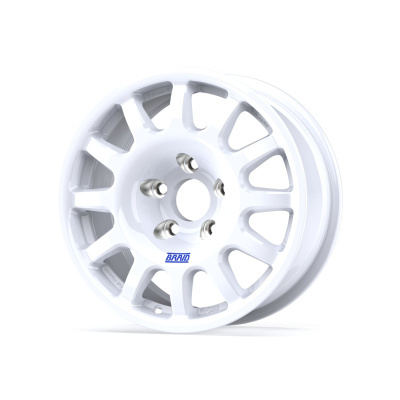 White alloy car wheel rim with multiple triangular spokes and BRAID logo