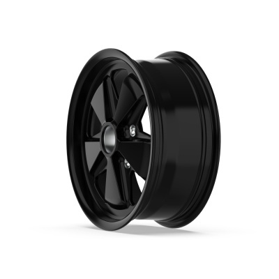 Glossy black car wheel rim with five spokes and silver center