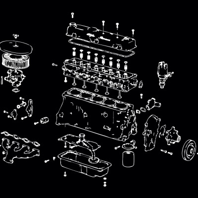 Line drawing of engine parts disassembled on black background