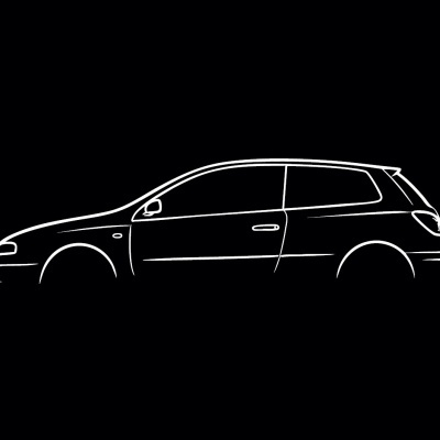 Outline of a compact hatchback car side view in white on black background