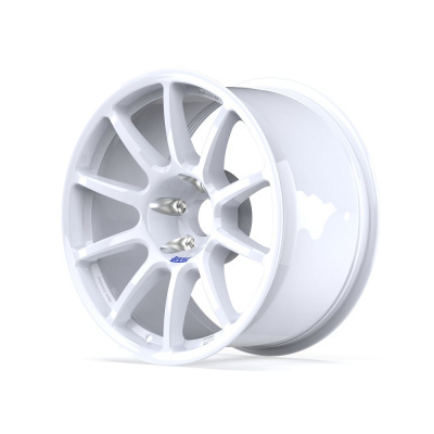 White alloy car wheel rim with multi-spoke design and silver center details