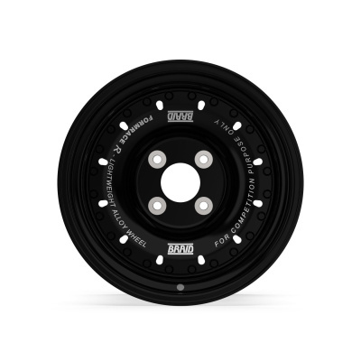 Black lightweight alloy competition wheel with white text on a white background