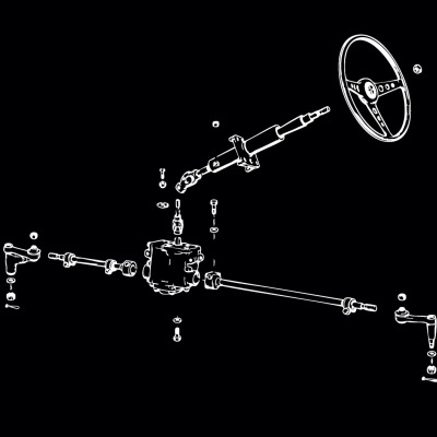 Exploded diagram of vintage car steering assembly parts on black background