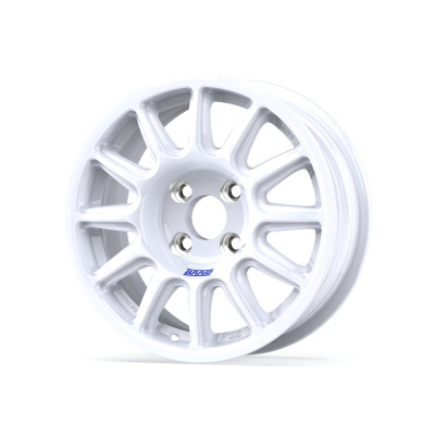 White alloy car wheel rim with blue BRAID text