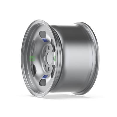 Silver alloy car wheel rim with blue and green text on white background