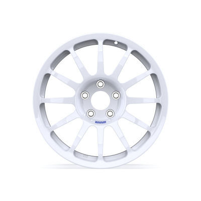 White alloy car wheel rim with blue BRAID logo
