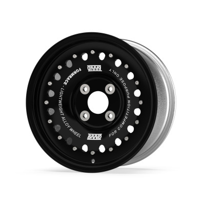 Black lightweight alloy wheel with silver bolts and white printed text on white background