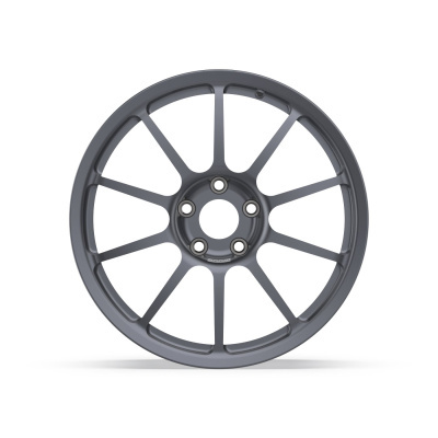 Dark grey metallic car wheel rim with 10 spokes on white background