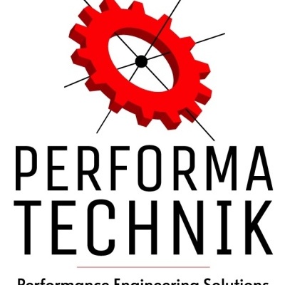 Red gear logo with text Performa Technik and tagline