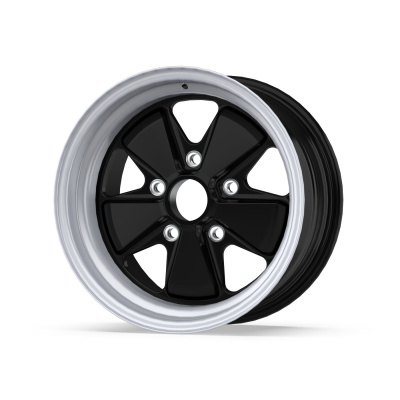 Black and silver five-spoke car wheel rim on white background.