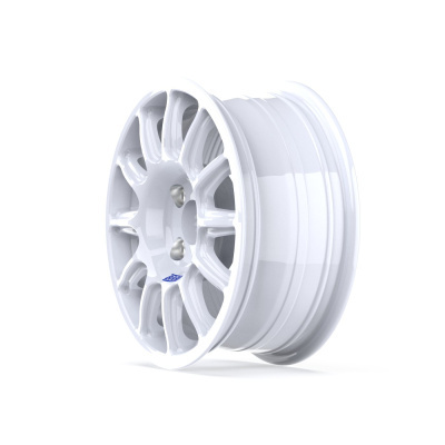 Glossy white multi-spoke alloy car wheel rim with blue logo