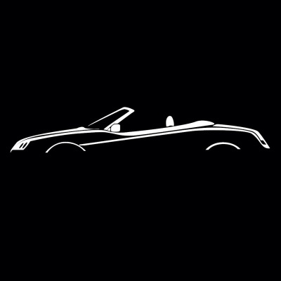 Minimalistic white line art of convertible car side profile on black background