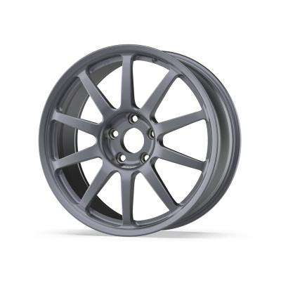 Metallic grey car wheel rim with ten spokes on white background
