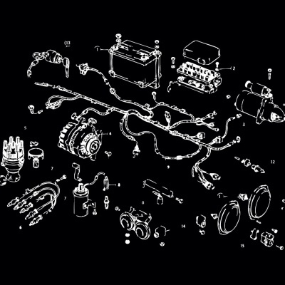 Schematic diagram of various car electrical parts labeled with numbers on black background